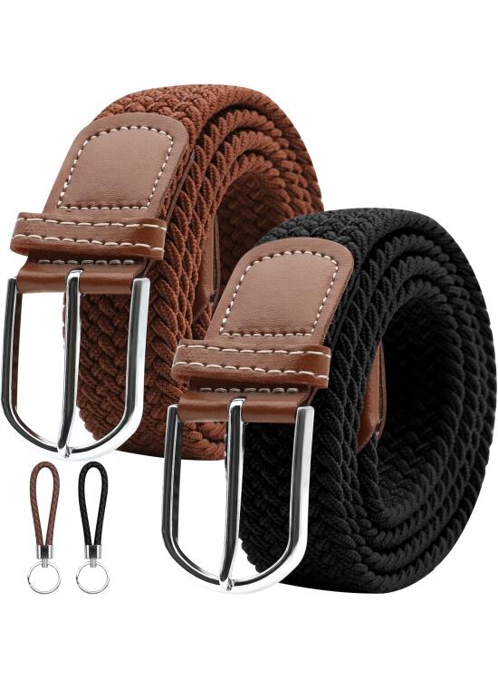 Set de 4 Cinturones Elasticos Hombre, 2 Tiras no Perforado Elásticos Cinturón Elástico de Hombre + 2 PCS Llavero Trenzado, Trenzado Vintage Cinturón Trabajo Hombre Ancho 3,3cm/Largo 107cm
