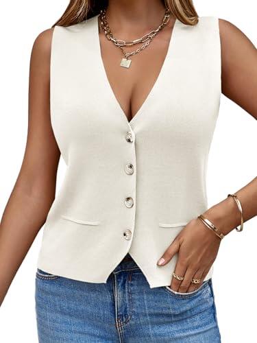 Saodimallsu Chaleco suéter sin mangas para mujer, de punto, cuello en V, con botones, a la moda, casual, holgado, chaleco cardigan para primavera y verano, blanco, XL