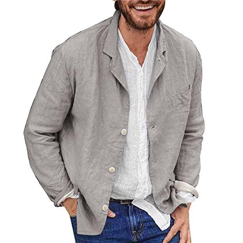 Chaqueta de lino y algodón para hombre, holgada, ligera, con botones, casual, para verano, al aire libre, con solapa, para deportes al aire libre, A# Gris, X-Large