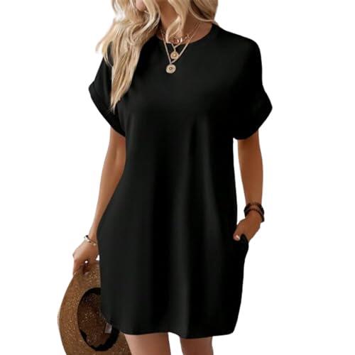 Vestido Camisero de Manga Corta, Vestidos de Verano de Manga Corta para Mujer con Bolsillos Vestido Camisero Liso Simple con Bolsillos (Large,Black)