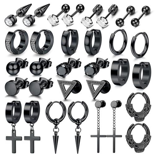 Dochais 16 Pares Pendientes de Aro para Hombre - Set de Acero Quirúrgico con Cruz Colgante Negro y Circonitas en Plata, Diseño Punk
