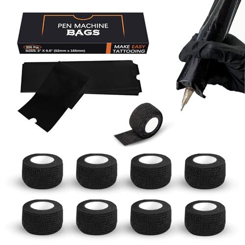 EZ Cubiertas para Máquinas de Tatuar con Cintas de Agarre - 9piezas (2.5cmx4.5m) Tattoo Grip Tape con 200piezas (5cmx16cm) Negro Fundas Desechables para Máquinas de Tatuar