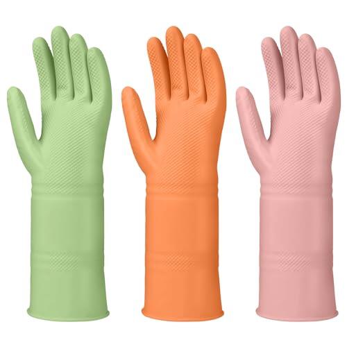 LYKACATT 3 pares de guantes de goma reutilizables resistentes al agua para lavar platos para el hogar, guantes de cocina flexibles (mediano)