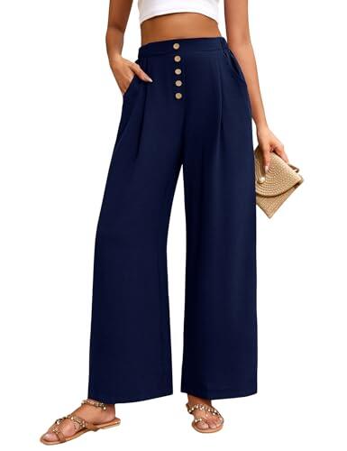 heekpek Pantalones Mujer Verano Anchos Comodo Ligeros Frescos Pantalon Fluido Cintura Alta Casual Suelta Pantalones Mujer Tallas Grandes, Azul Marino, M