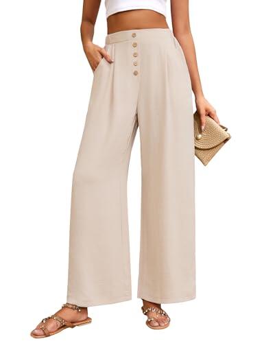 heekpek Pantalones Mujer Verano Anchos Comodo Ligeros Frescos Pantalon Fluido Cintura Alta Casual Suelta Pantalones Mujer Tallas Grandes, Beige, M
