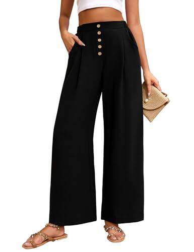 heekpek Pantalones Mujer Verano Anchos Comodo Ligeros Frescos Pantalon Fluido Cintura Alta Casual Suelta Pantalones Mujer Tallas Grandes, Negro, M