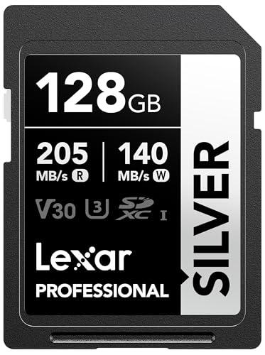 Lexar Tarjeta SD 128 GB Silver, hasta 205 MB/s de Lectura, Tarjeta de Memoria SDXC UHS-I, Clase 10, U3, V30, SD Card para Fotógrafos Profesionales, Videógrafos y Entusiastas
