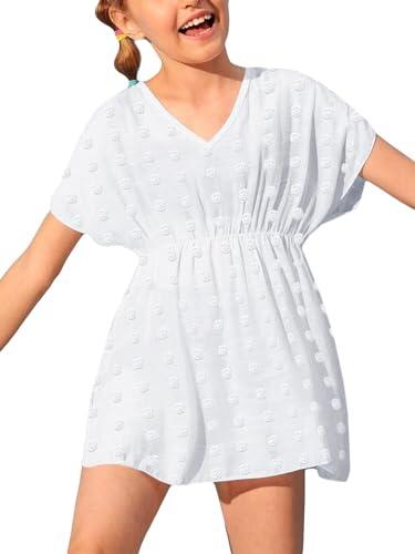Haloumoning Traje de baño para niña para niños, cubierta de playa, traje de baño, cubierta para traje de baño, bonito vestido de playa, Blanco, 8-10 años