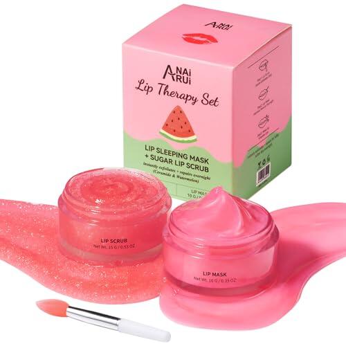 ANAiRUi Set de exfoliante y bálsamo labial, mascarilla nocturna con ceramidas y sandía, exfoliante labial, set de regalo para labios secos, agrietados y descamados, Regalo para el Día de la Madre