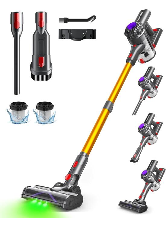 Aspiradora sin Cable,35kPa Aspirador de Mano,6 en 1 Inalámbrica con 35minutos de autonomía y batería extraíble,Aspirador Escoba Ideal para Pelo de Mascota/Alfombra/Suelo Duro&Oro