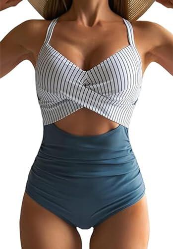 XDSP Bañador Reductor Mujer Una Pieza Vientre Plano Trajes de Baño Monokinis Control de Barriga Cintura Alta Fruncido Cuello en V Sexy Ropa de Baño Playa Halter