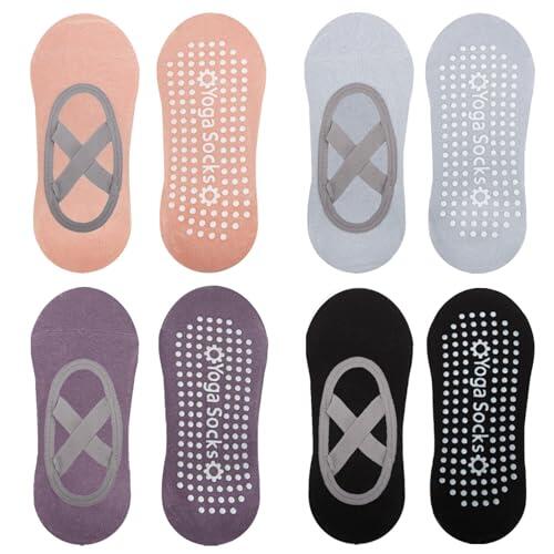 Ewwtrey 4 Pares Calcetines Antideslizantes para Yoga y Pilates con Agarre y Correas - Accesorios para Hombre y Mujer - Ballet, Barre, Dance y Entrenamiento