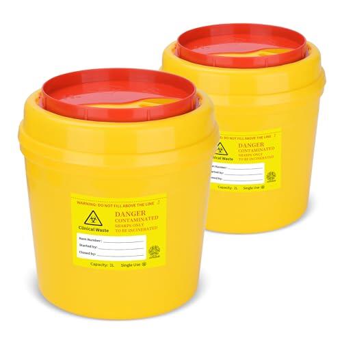 ATOMUS 2 recipientes de plástico para tatuajes de 2 L, color amarillo, afilados, contenedores de destrucción de agujas, contenedor de basura de aguja con tapa para tatuaje de cejas, cuchilla