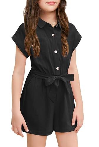 Haloumoning Mono para niña de verano con botones y cinturón, con bolsillos, Negro , 10-12 años