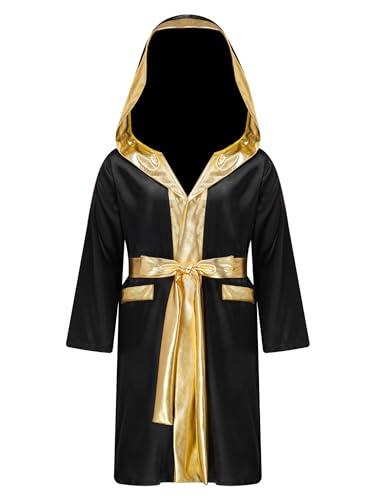 HULIJA Bata de boxeo para niño, uniforme de manga larga, kickboxing, chaqueta mixta de artes marciales Muay Thai, abrigo de entrenamiento con capucha + cinturón de entrenamiento deportivo, Negro ,