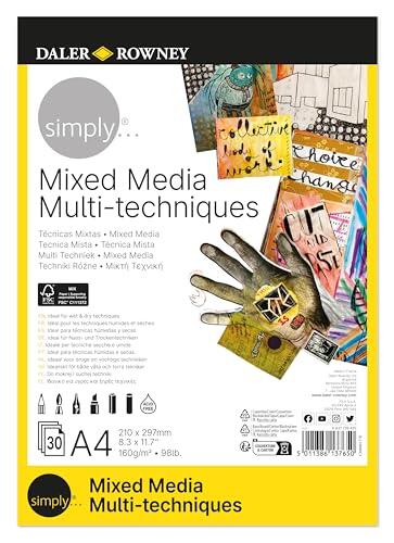 Daler-Rowney, Simply, Papel para Técnicas Mixtas, Textura Ligera, 160gsm, Bloc, Encolado 1 Lado, A4-21 x 29.7cm, Blanco, 30 Hojas