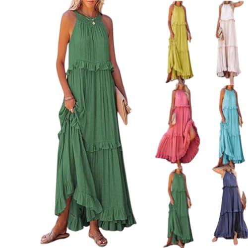 Vestido de Verano Casual con Volantes, Vestidos Largos de Verano para Mujer, Vestidos Largos Halter para Mujer (FR/ES, Letras, XXL, Regular, Regular, Green)