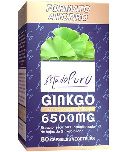 Ginkgo Biloba Estado Puro 6500mg | Extracto Estandarizado y Máxima Concentración | 24% de Flavonoides y 6% de Terpenos | Memoria y Concentración + Circulación | 80 Cápsulas de Tongil (Lote de 1)
