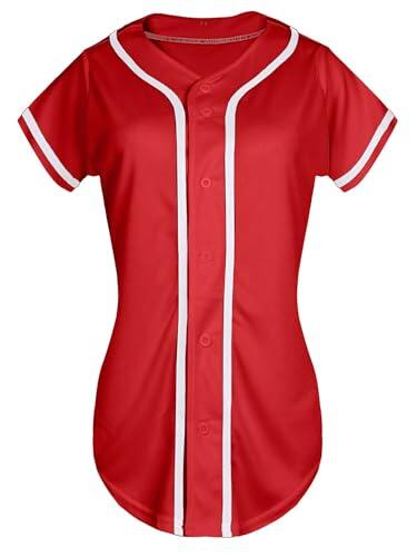 QTWW INC Camiseta de béisbol para mujer, con botones, manga corta, hip hop, uniforme deportivo de equipo activo, Rojo -, S