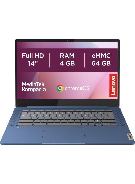 Lenovo IdeaPad Slim 3 Chromebook Gen 8 - Ordenador Portátil de Google 14" FHD (MediaTek Kompanio 520, 4GB RAM, 64GB eMMC, ChromeOS) Azul QWERTY + 3 Meses Google AI Pro con Gemini Pro y 2TB