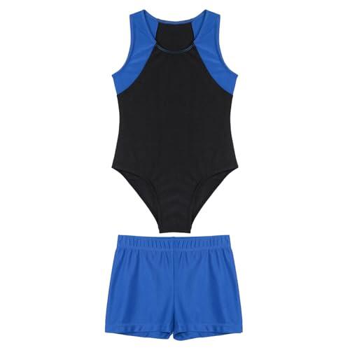 Yruioon Maillot de gimnasia para niños y niños, sin mangas, ballet, leotardo, deporte, con pantalones cortos, gimnasio, gimnasia, ropa deportiva, azul, 122-128