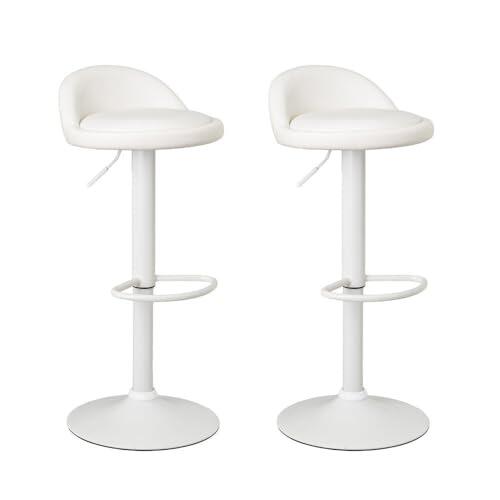LOLAhome - Set de 2 Taburetes de Cocina Giratorios en 360°, Juego de Sillas de Bar Regulables en Altura de 72 a 92 cm, con Respaldo de Polipiel, Estructura Metal Blanca y Reposapiés, Blancos