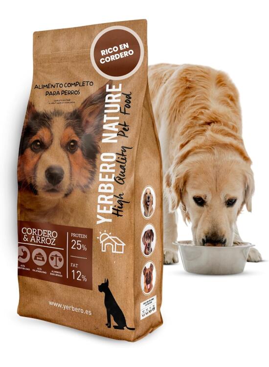 Yerbero Nature Comida para Perros de Cordero y Arroz - Pienso para Perros 10kg para una Nutrición Óptima – Comida Premium de Alta Digestibilidad Rica en Cordero.
