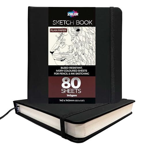 Zieler® - Cuaderno de bocetos clásico de tapa dura negra para dibujos, lápiz, tinta, carbón y pastel, 80 hojas, 140 g/m², 140 mm x 140 mm