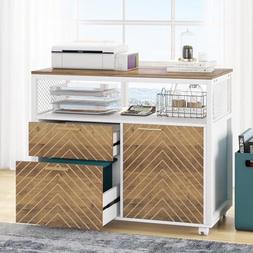 Tribesigns Archivador moderno con cajones para archivos y puertas de tamaño carta, soporte lateral para impresora con estantes de almacenamiento y ruedas giratorias para oficina en casa