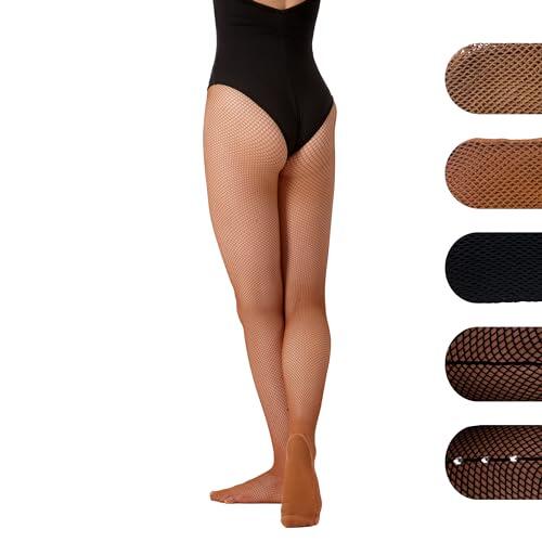 Medias profesionales de malla para danza, lisas, costura trasera o diamante de costura trasera para baile latino Tap Jazz Dance en color caramelo tostado y negro, Caramelo, S