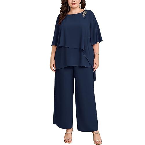Hanna Nikole Conjunto de traje de noche de gasa para mujer, tallas grandes, para cóctel, fiesta, festivo, elegante, 2 piezas, camiseta y cintura alta, traje de pantalón de dos piezas, azul oscuro, 56