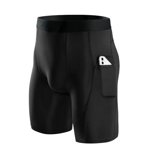 Niksa 1 Piezas Mallas Running Hombre Cortas Pantalones Cortos Compresión Básica Hombre Pantalones Cortos Entrenamiento con Bolsillo para Celular Secado Rápido Transpirable Pantalones Cortos, Negro, L