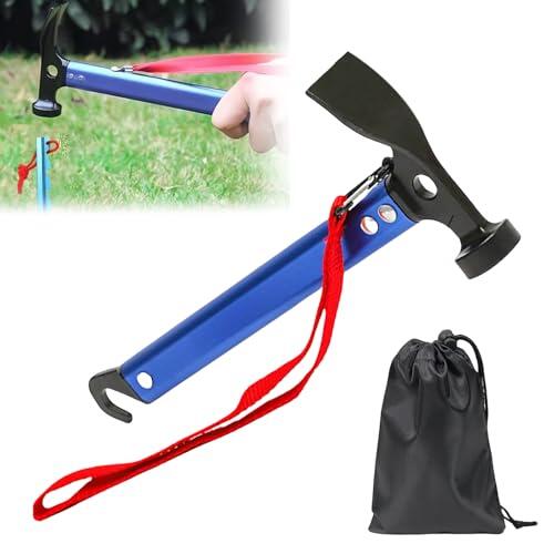LEKEFETO Martillo de camping de 30,5 cm, martillo de camping con gancho y mini azada, martillo de aluminio, martillo multifuncional para piquetas de tienda de campaña con bolsa de almacenamiento
