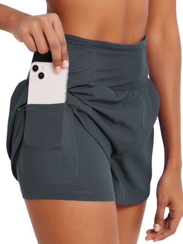 Monbessi Pantalones Cortos Deportivos 2 en 1 para Correr para Mujer, con Bolsillo con Cremallera, Pantalones Cortos de natación para Entrenamiento, Yoga, Trotar, Gris, M