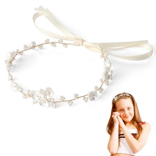 Accesorios para el cabello para comunión y niña, corona de flores, diadema de princesa con perlas, diadema de flores, corona de pelo con cinta, adecuado para novia, mujer, accesorio de