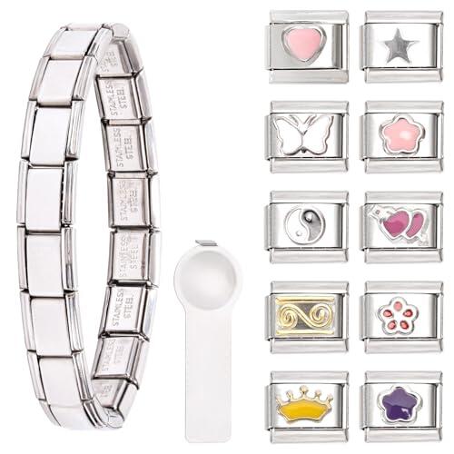 Conjunto de Pulsera Encanto Italiano, 8 Encantos Italianos Suplementarios con Herramienta de Abertura, Enlace de Pulsera Modulable Desmontable de 9 mm