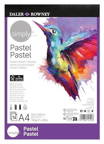 Daler-Rowney Simply, Papel para pastel, Grano medio, 150gsm, Bloc, encolado 1 lado, A4 21 x 29,7cm, Blanco, 16 hojas