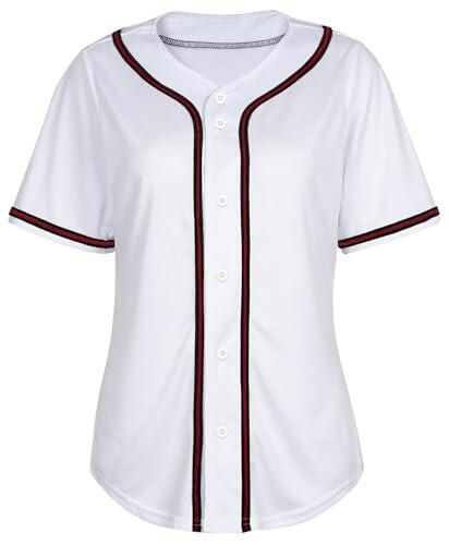 Camiseta de béisbol para mujer, con botones, en blanco, de manga corta, hip hop, activa, hipster, Blanco (ribete negro y rojo), S
