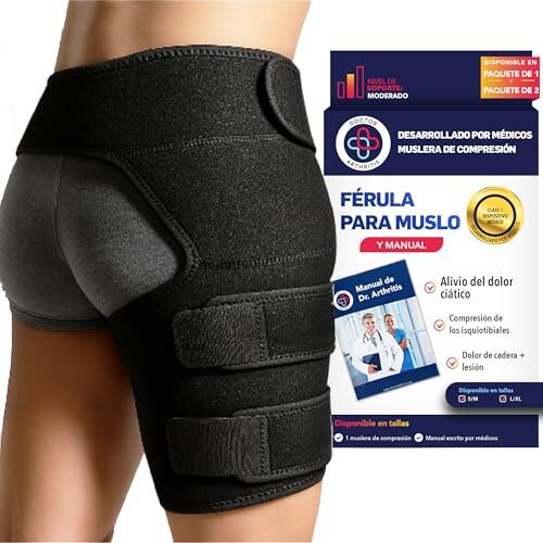 Dr. Arthritis Muslera Compresión Desarrollada por Médicos - Soporte para Muslo Derecho, Alivio del Dolor de Ciática y Síndrome Piriforme - Para Hombres y Mujeres [Talla S/M, Negra]