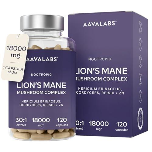Melena de Leon 18,000mg (30:1) + Zinc, Reishi & Cordyceps - Alta Potencia Lions Mane Mushroom pastillas -120 Melena de Leon Capsulas - Nootropicos