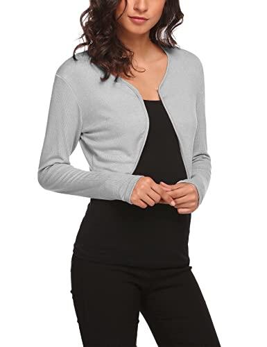 Hotouch Bolero Mujer Elegante Cárdigan Manga Larga Chaqueta con Hombros Corto Chaqueta Bolero Sólido Shrug Cárdigan Ligera Boleros Gris M
