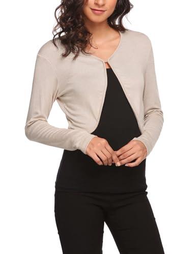 Hotouch Bolero Mujer Elegante Cárdigan Manga Larga Chaqueta con Hombros Corto Chaqueta Bolero Sólido Shrug Cárdigan Ligera Boleros Beige M