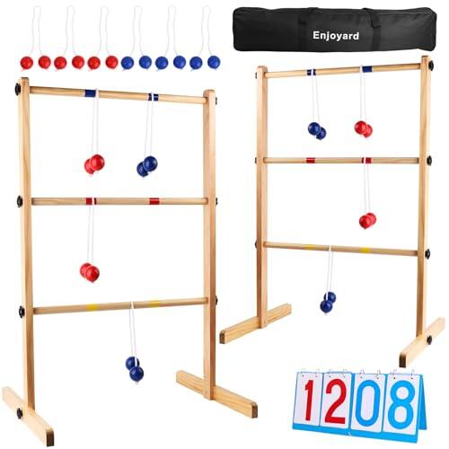 Enjoyard Juego de pelota de escalera con 2 escaleras, 6 bolas y marcador para césped, juego de lanzamiento de escalera al aire libre, juego de escalera de madera