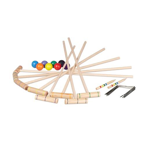 Relaxdays Juego de Croquet, 8 Jugadores, Criquet Niños y Adultos, Set Completo con Mazos y Bolsa, Madera, Multicolor