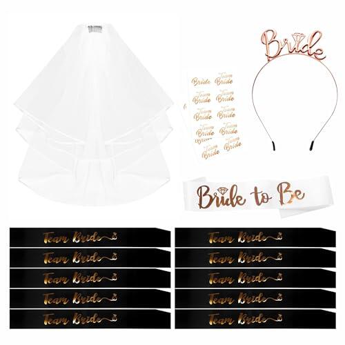 Set de accesorios para despedida de soltera de 15 piezas - Banda y velo para novia con tiara, Banda para novia con tatuajes, Banda y velo de tiara para despedida de soltera, accesorios para despedida