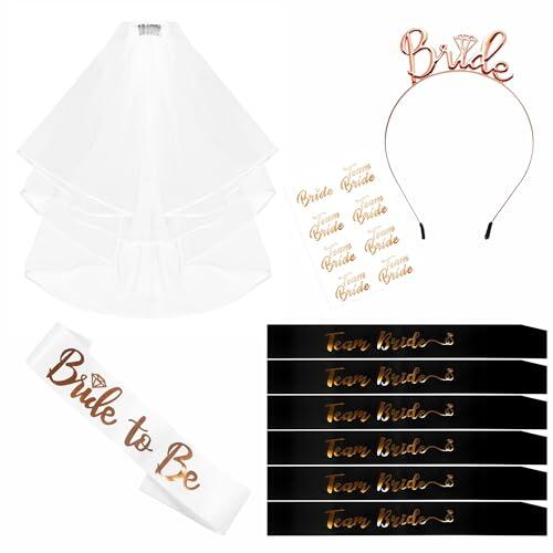 Set de accesorios para despedida de soltera de 10 piezas - Banda y velo para novia con tiara, banda para novia y velo con tiara, tatuajes, accesorios para despedida de soltera y ducha nupcial