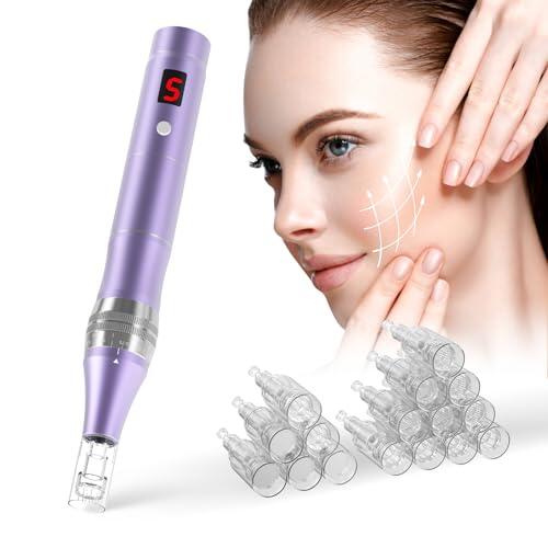 QUELLE Dermapen Profesional,Eléctrico Dermapen Facial con pantalla LCD y 5 Niveles de Velocidad incluye 16 Cartuchos de Repuesto,0-2.0mm Ajustable Microneedling Pen Para el Cuidado de la Piel