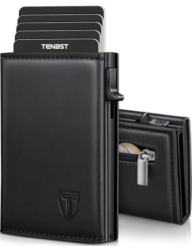 TENBST Cartera Hombre de Cuero, Tarjetero con Bloqueo RFID, Cartera Tarjetero Hombre pequeño para Crédito, Billetes y Monedas con Caja de Regalo