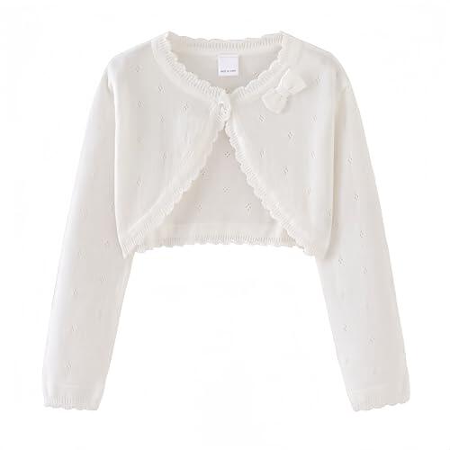 Proumhang Bolero Shrug Cardigan Niñas Suéteres de Punto de Algodón de Manga Larga Chal de un Botón Chaqueta Sudadera Abrigos Chlidren Vestido Cover Up para 3-10 años Blanco 130