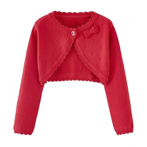 Proumhang Bolero Shrug Cardigan Niñas Suéteres de Punto de Algodón de Manga Larga Chal de un Botón Chaqueta Sudadera Abrigos Chlidren Vestido Cover Up para 3-10 años Rojo 100